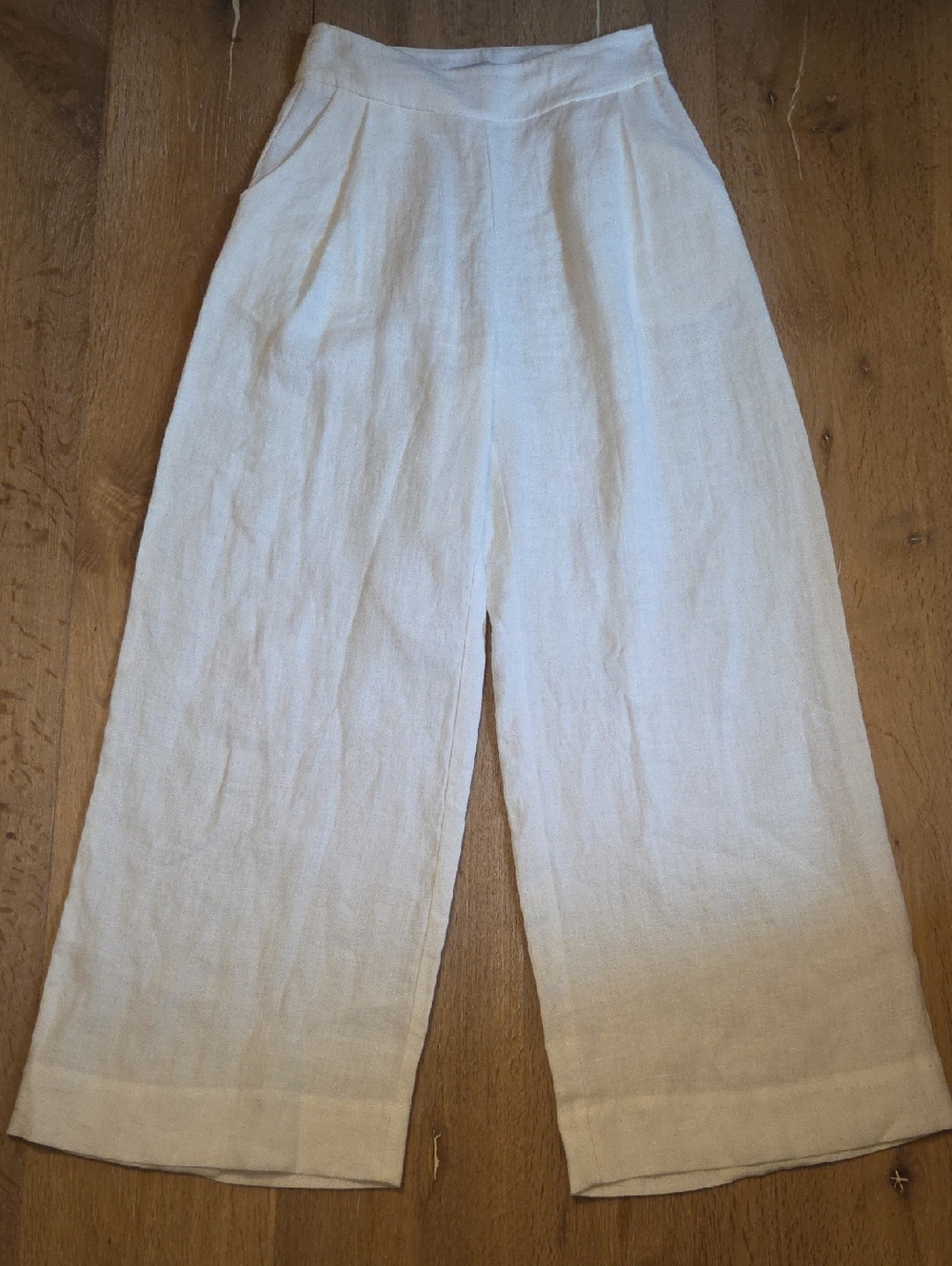 LARA Wide Leg High Rise 100% Linen Pants Side Pockets White 2?